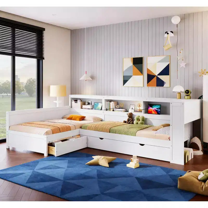 Twin Size L-shaped Platform Bed with Trundle & Charging Station, Wood Bed Frame with Bookshelf