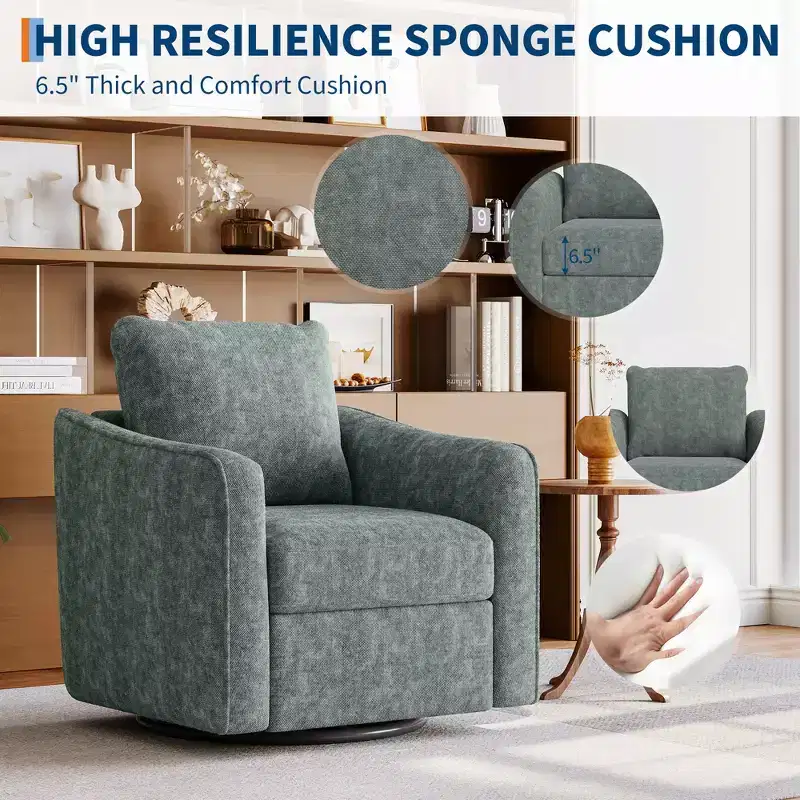 Swivel Accent Chair for Living Room, Modern Linen Upholstered Armchair, Steel Base Supporting Up to 440 Lbs, Ergonomic Backrest Reading Chair