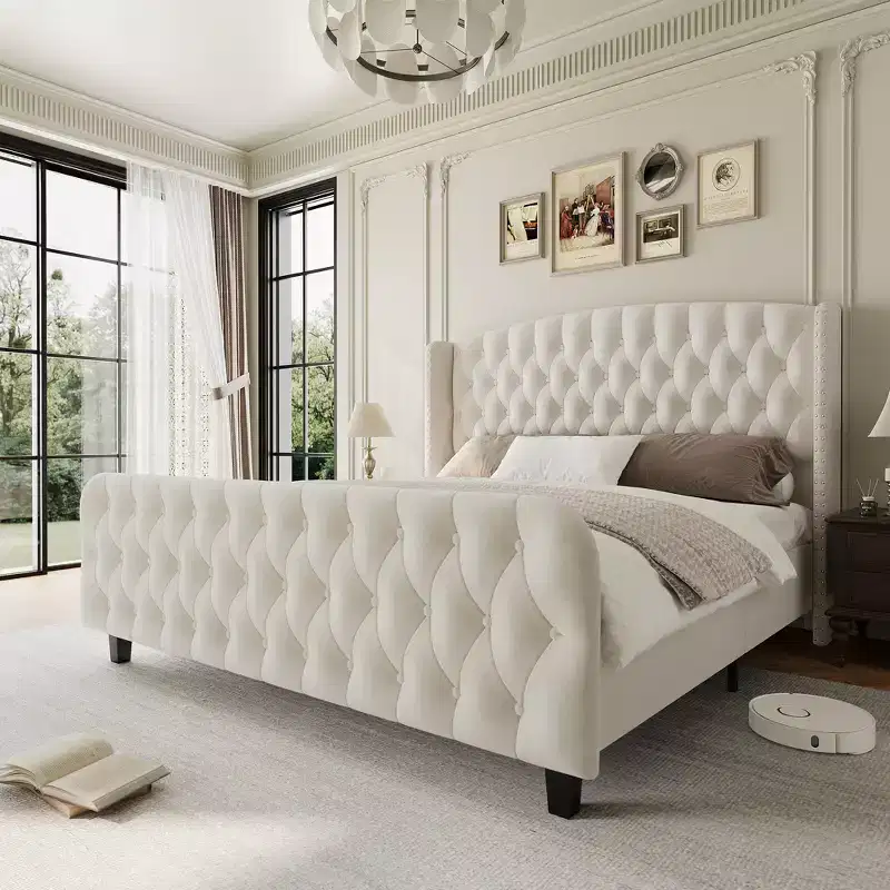 Soft fabric platform bed frame  buttoned tufted wing back, rivet embellishment, 1000 lb load capacity, quiet, easy to assemble.