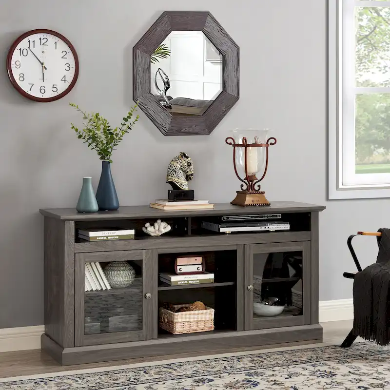 Black + Dark Walnut / Brown Modern TV Stand with Glass Doors, Open & Closed Storage, Fits TVs up to 65