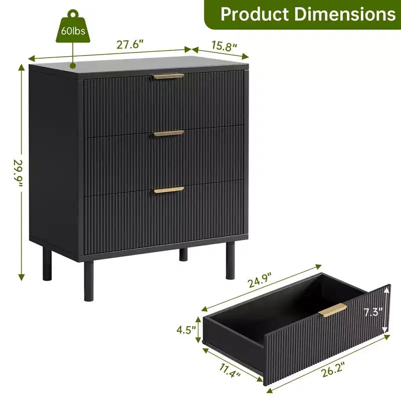 Fluted 3 Chest of Drawers, Wide Wood Drawers Dresser, Modern Storage Dresser Chest of Drawers Organizer for Bedroom Living Room