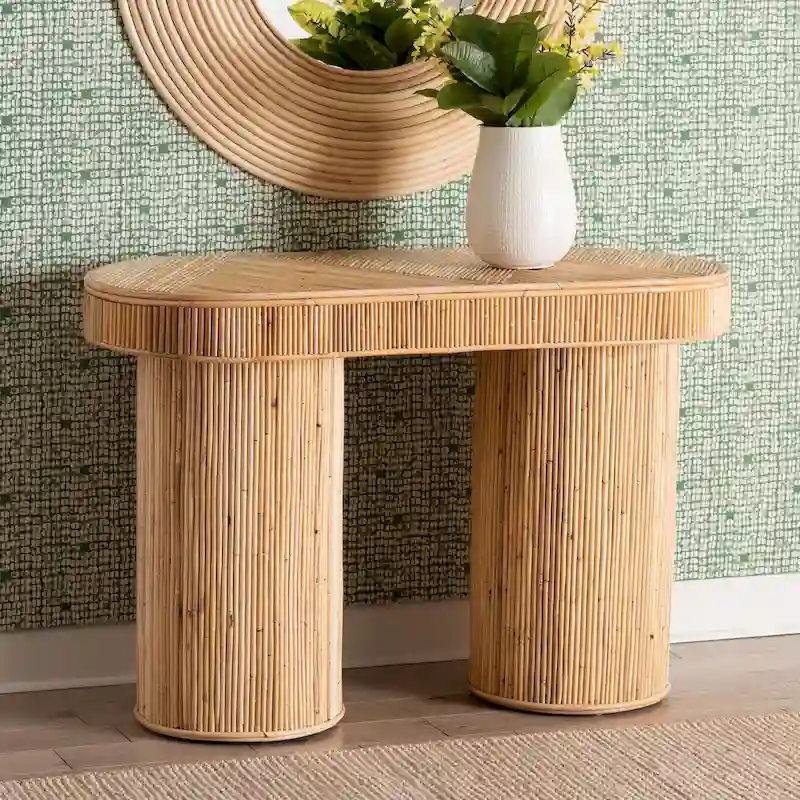 Light Honey Wicker Bohemian Oval Console Table
