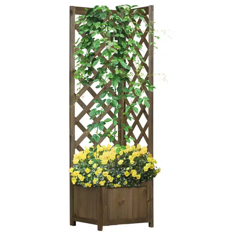 NAYSAYE Wooden Raised Garden Bed with Trellis, 57 Freestanding Corner Planter Box for Vine Plants Flowers, Brown, 15.75*15.75*57