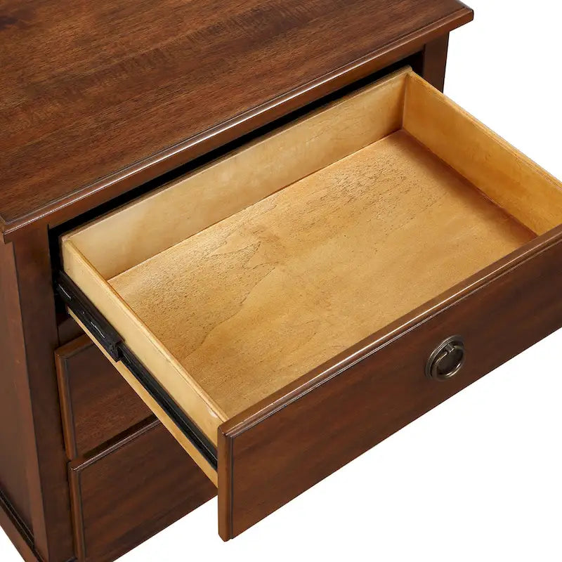 Brown Acacia Veneer 3-Drawer Nightstand with Antique Bronze Ring Pulls for 1 Person