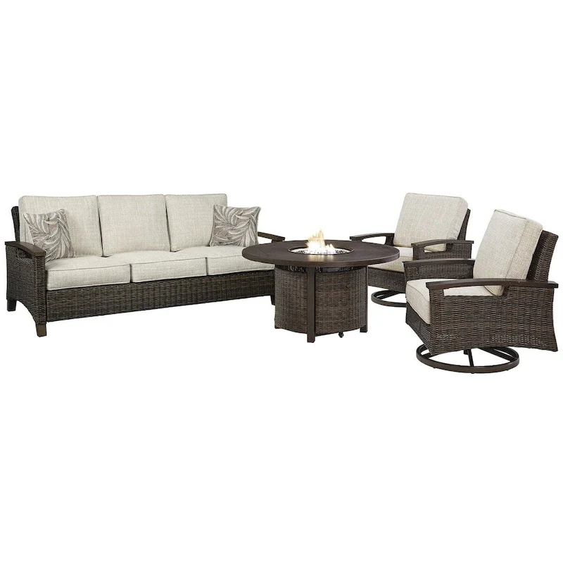 Signature Design by Ashley Paradise Trail Medium Brown/Beige Outdoor Sofa, Lounge Chairs and Fire Pit Table - 84W x 34D x 37H