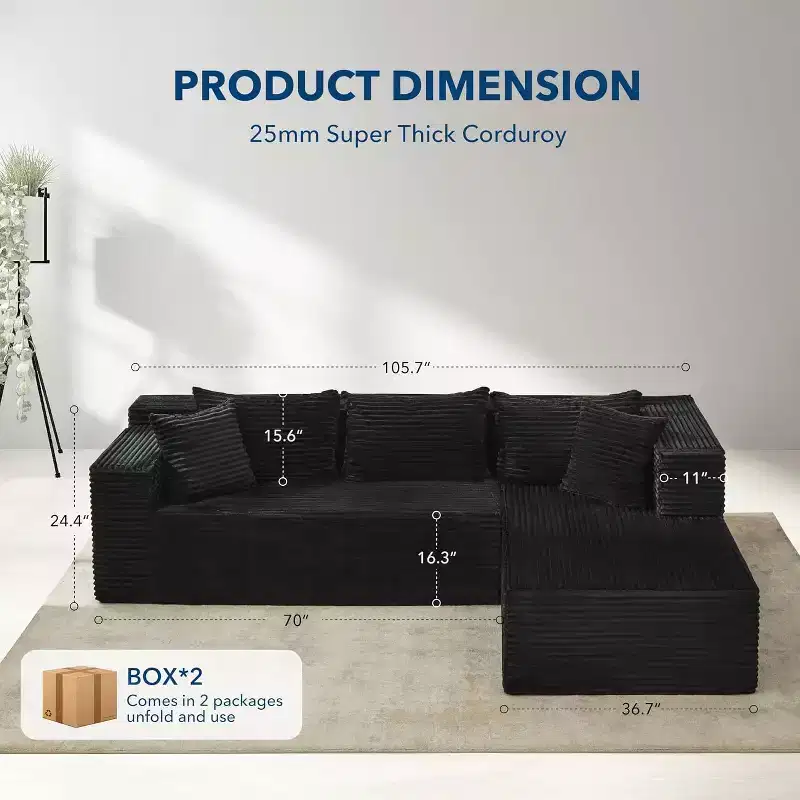 GustoWave 106 Inch Reversible Sectional Sofa, l-Shaped Cloud Couch with Oversized Chaise,3-Seat Contemporary Sofa with Memory