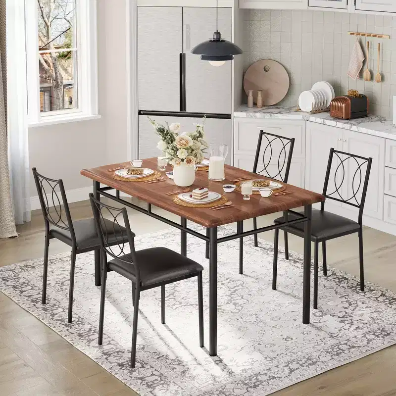 5-Piece Dining Table Set for 4, Farmhouse Wood Kitchen Table with Upholstered Chairs, Space-Saving Dining Set for Small Spaces and Apartments