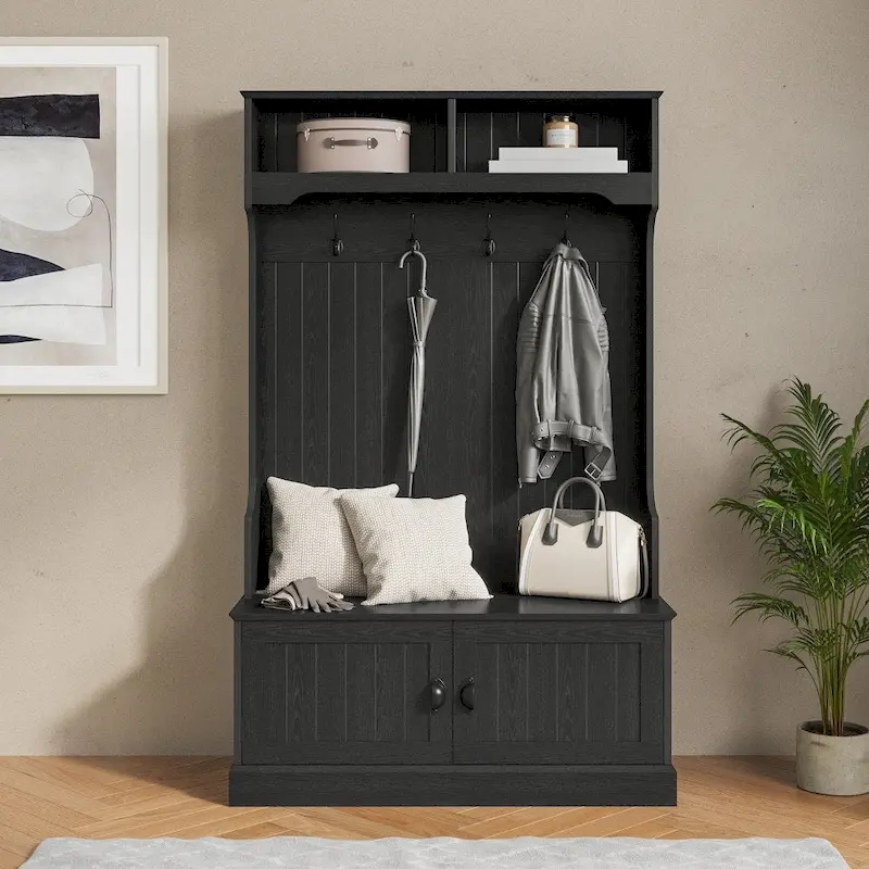 4 Hook Hallway Tree with Storage Bench and Upper Cubbies