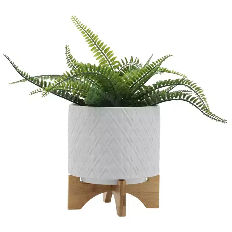 Okak Modern 8IN Flower Pots with Diamond Shape Carving, Succulent Pots with Cross Wooden Stand, Outdoor Planter for Tabletop and Window, White