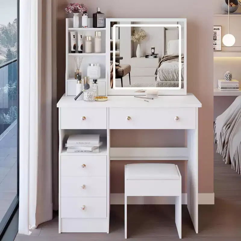 37" Left-Side Vanity Desk with Sliding LED Mirror & Cushioned Stool �C White