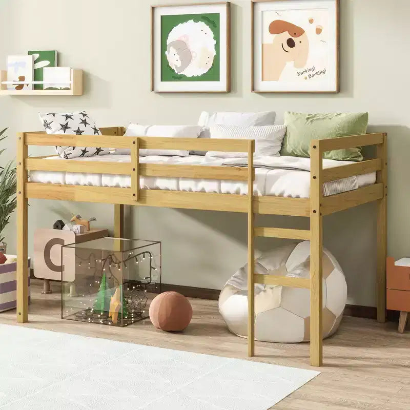 MAYEERTY Twin Loft Bed Solid Rubber Wooden with Ladder Bed Platform of Strengthened Slats for Living Room Beige