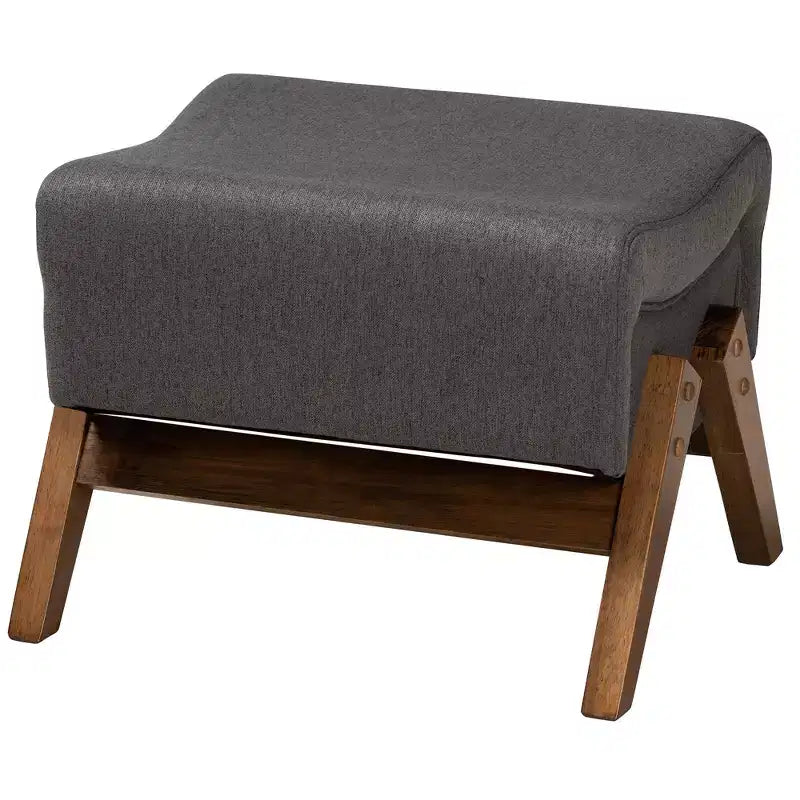 Mid-Century Modern Fabric Wood Ottoman �C Bent Seat, Angled Legs, Foam Padded