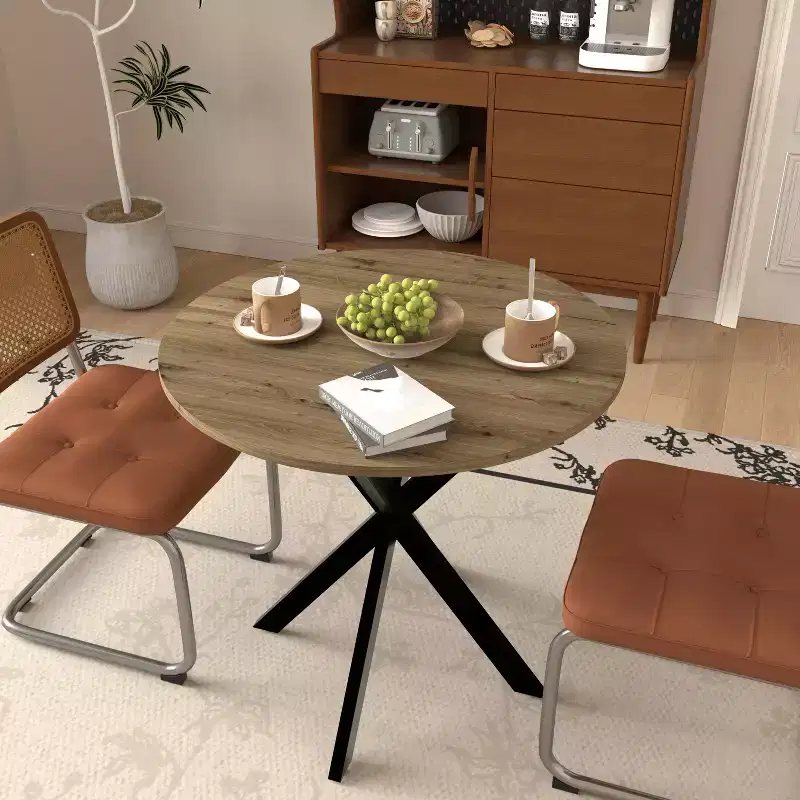 31.5" Round Kitchen Table, Rustic Brown MDF Top with Black Metal Legs