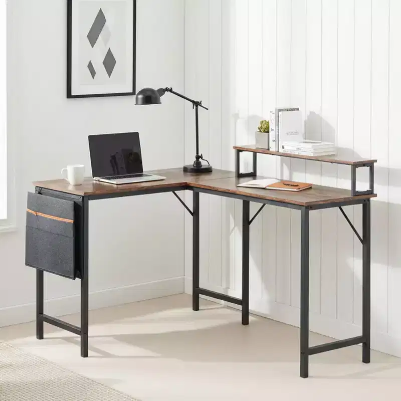FurnitureR L Shaped Computer Desk Reversible, Corner Desk with Storage Bag, Home Office Desk Writing L Table 48.8 Inch Computer Desk with Shelf, Brown