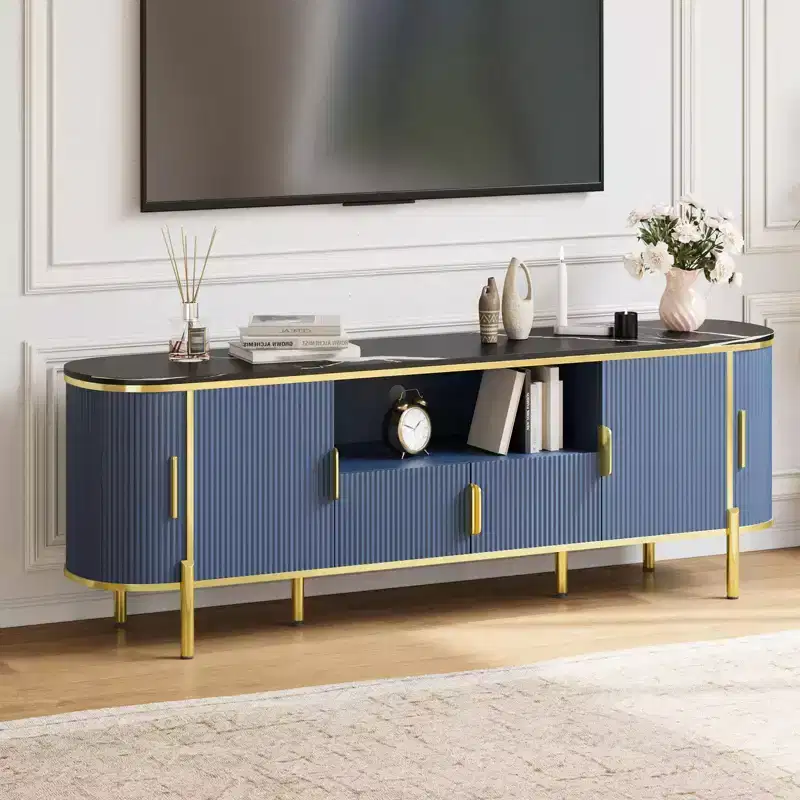 70 TV Stand with Faux Marble Top, Luxury Media Console Table with Adjustable Shelves, Curved Profile Sliding Doors