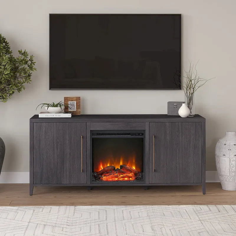 Rectangular TV Stand with Electric Fireplace – Black Grain / White / Charcoal Gray, Modern Style, Fits TVs up to 65 Inches
