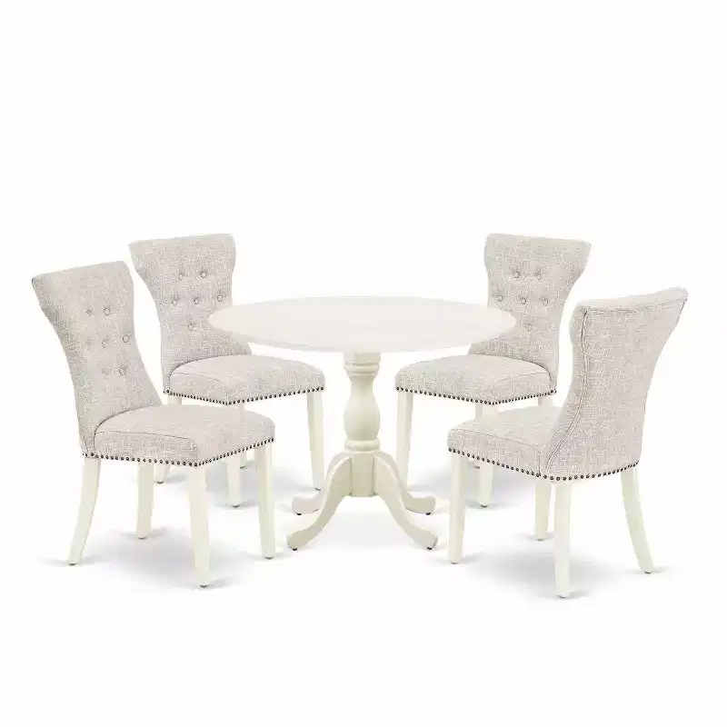HomeStock 5-Piece Linen White Finish Solid Wood Top Dining Table with 4 Parson Chair with Drop Leaf Lattice Back