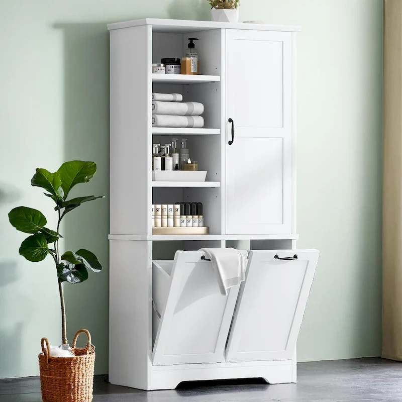Bathroom Storage Cabinet with Laundry Hamper and Adjustable Shelves