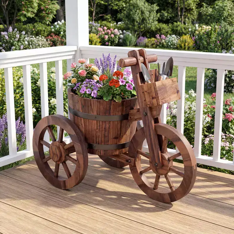 Costway 2PCS Rustic Wood Tricycle Planter w/Barrel Pot & Storage Box for Patio Garden