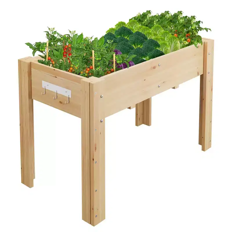 Sturdy Elevated Wooden Raised Garden Bed with Legs & Hooks  Large Capacity Planter Box with Non-Woven Liner for Outdoor Patio, Backyard, Garden