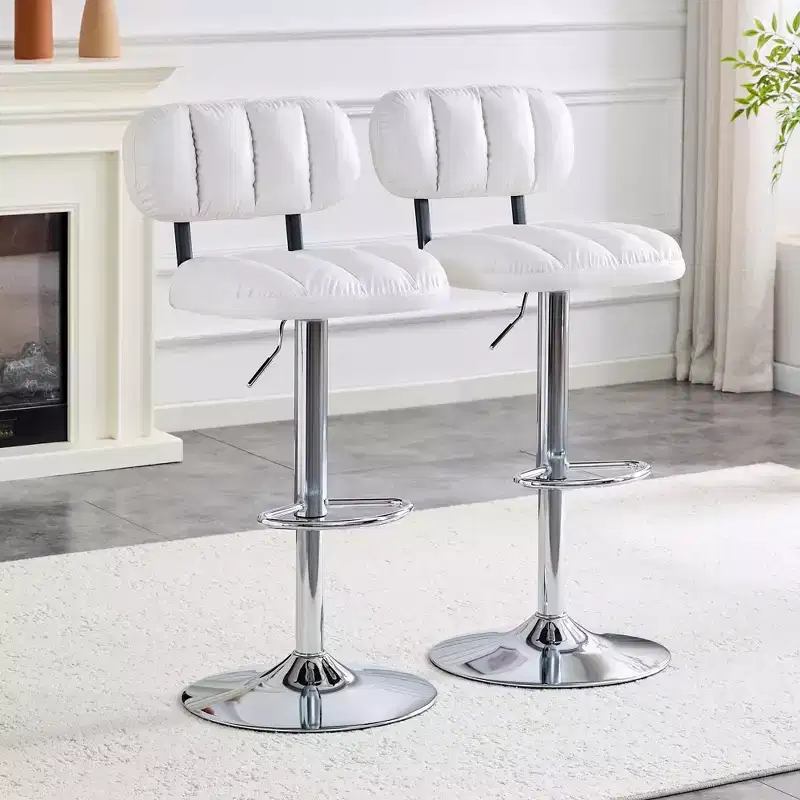 Set of 2 Adjustable Height Bar Stools with PU Leather Upholstery and Chrome Base, with Footrest for Kitchen Island