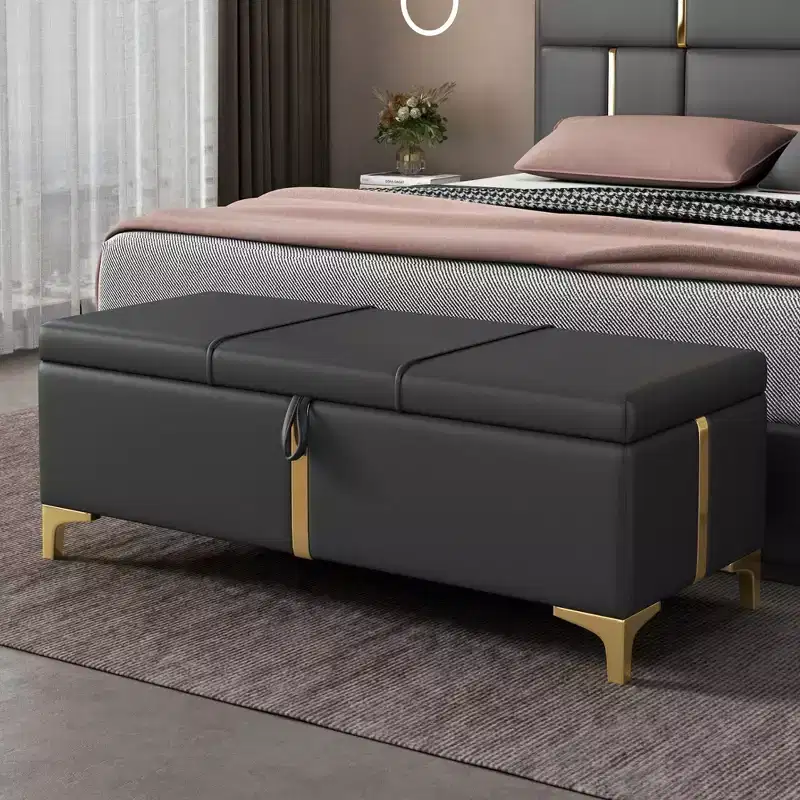 TUYOHW 47.2 End of Bed Ottoman Bench,Luxury Black&Gold PU Storage Ottoman with Metal Legs,Accent Bench Bed Bench,250lbs Capacity