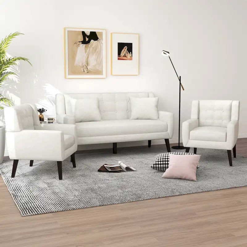 Tufted Linen/Cotton Loveseat with 2 Accent Chairs