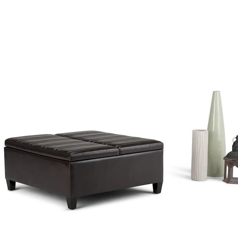 Square Storage Ottoman Coffee Table Faux Leather Lift Top Tufted