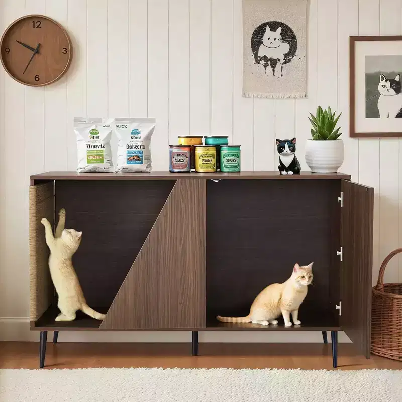 JVNOXK 53-inch Cat Furniture 2-in-1 Modern Walnut Sideboard with Spring-Loaded Door, Litter Box Enclosure, and Scratching Post Walnut Finish