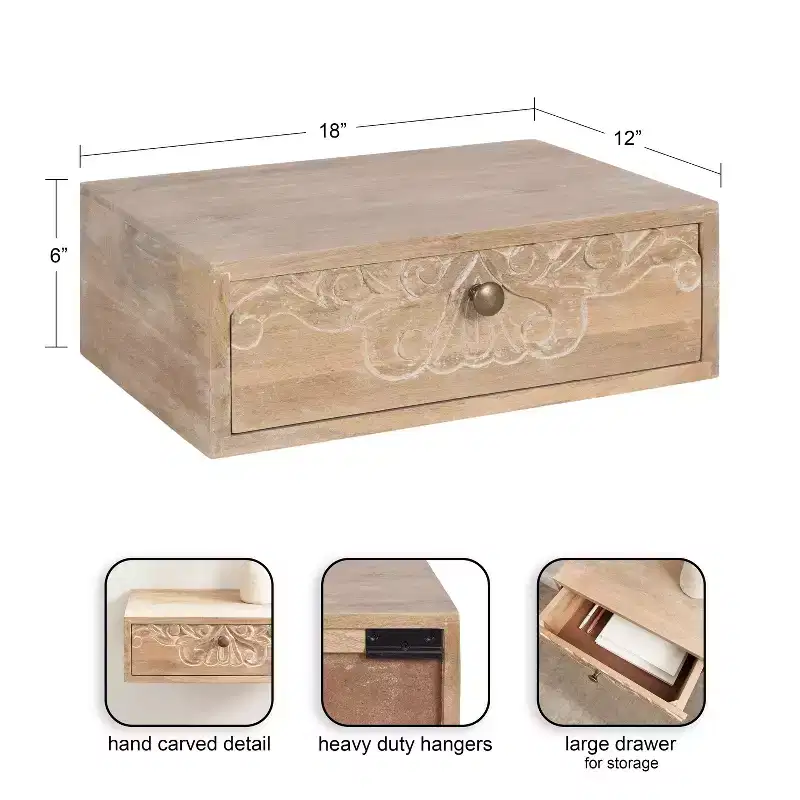 Kate and Laurel Mirza Carved Wood Floating Side Table, 18x12x6, Natural