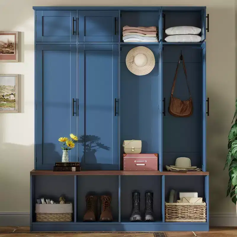GDFStudio Jessica Farmhouse 4-in-1 Hall Tree with Hidden Hooks and Storage Bench
