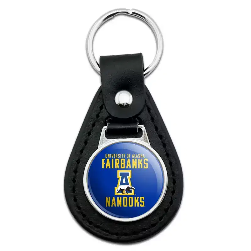 University of Alaska, Fairbanks Nanooks Logo Black Leather Keychain
