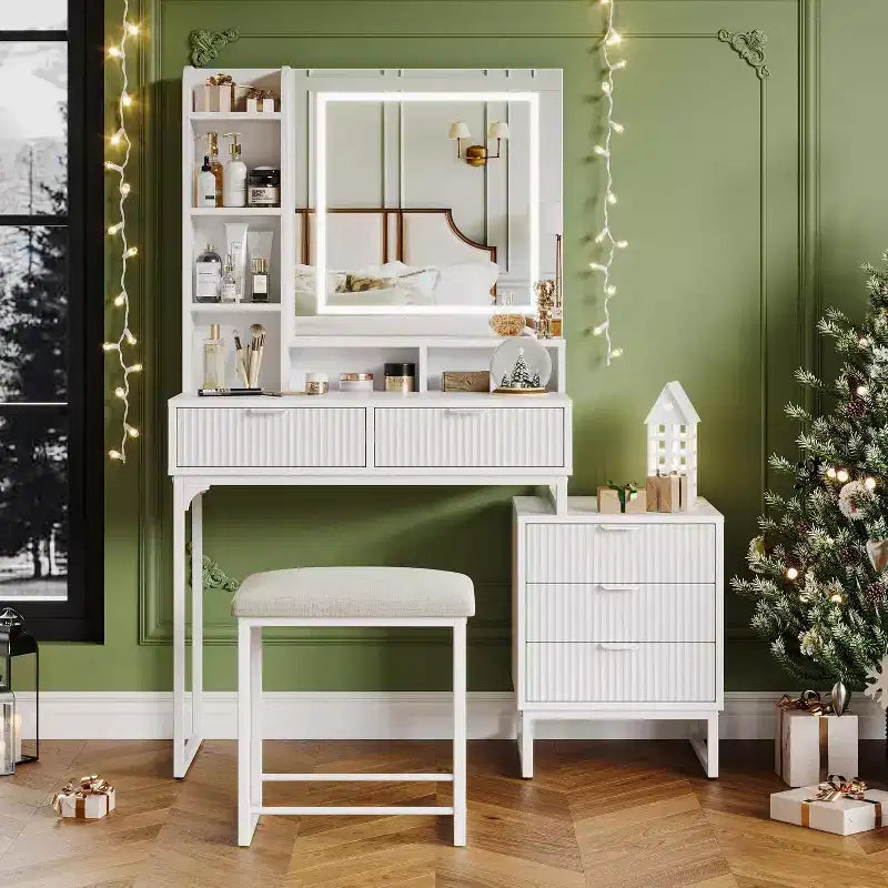 Acekool Makeup Vanity Desk with LED Mirror Lights, 5 Drawers, Removable Side Cabinet & Stool, White Vanity Set for Bedroom