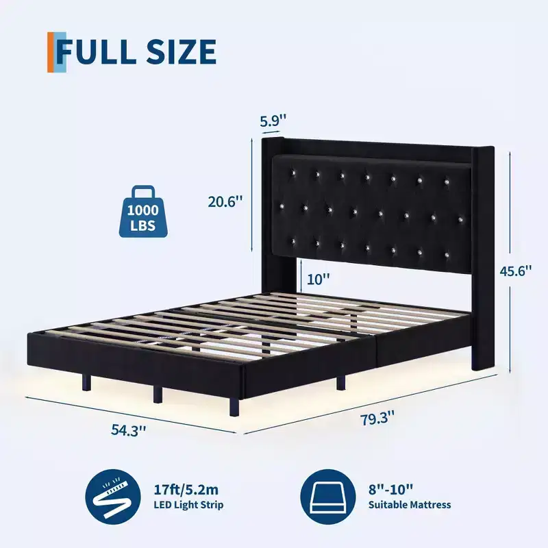 Full/Queen Floating Platform Bed with Wingback Headboard and Storage Shelf, Upholstered Modern Bed Frame, No Box Spring Needed, Easy Assembly