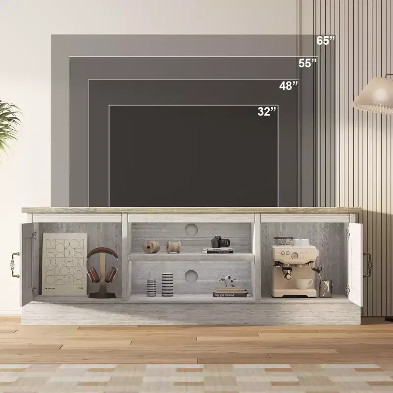 Acekool Farmhouse TV Stand for 65 Inch TVs, Media Console, Living Room or Office Entertainment Center with 2 Storage Cabinets and Open Shelves