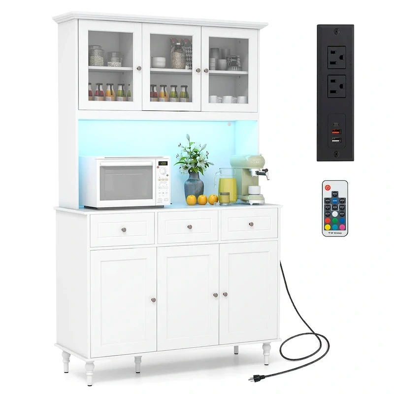 Gymax 77 Tall Kitchen Pantry Storage Cabinet with LED Lights and