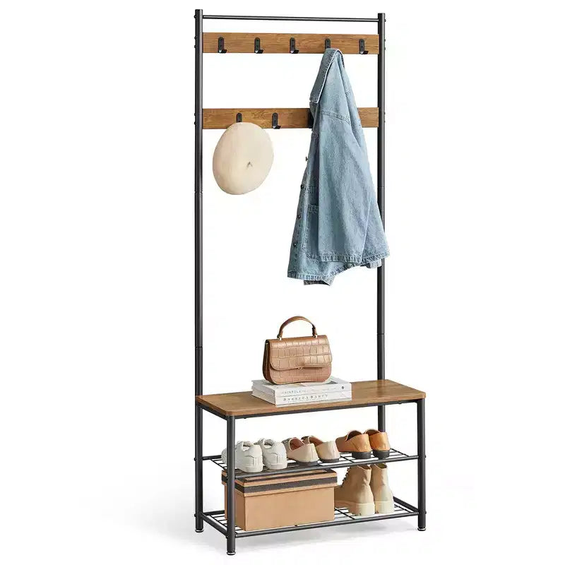 Hall Tree Entryway Coat Rack with Shoe Bench �C Rustic Walnut & Black