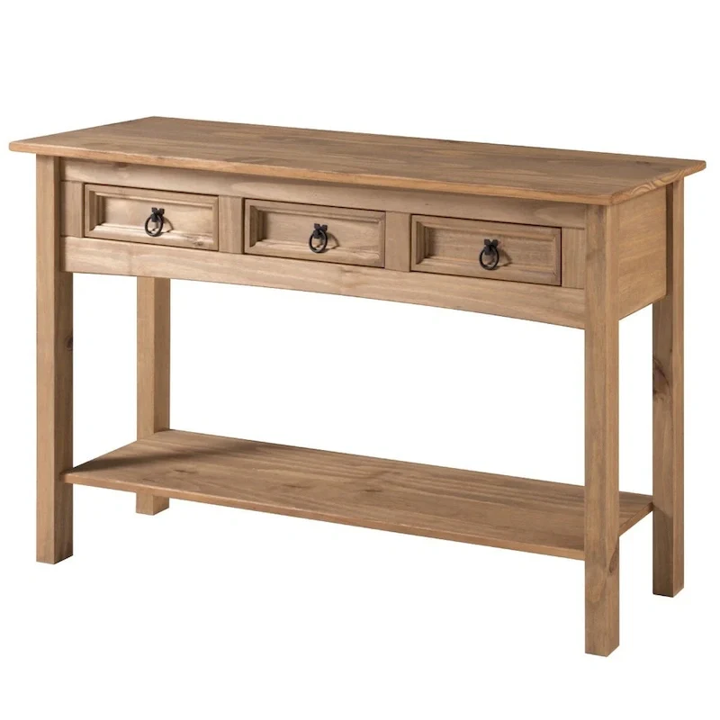 Solid Pine Three-Drawer Hall Console Table with Honey Brown Wood Top