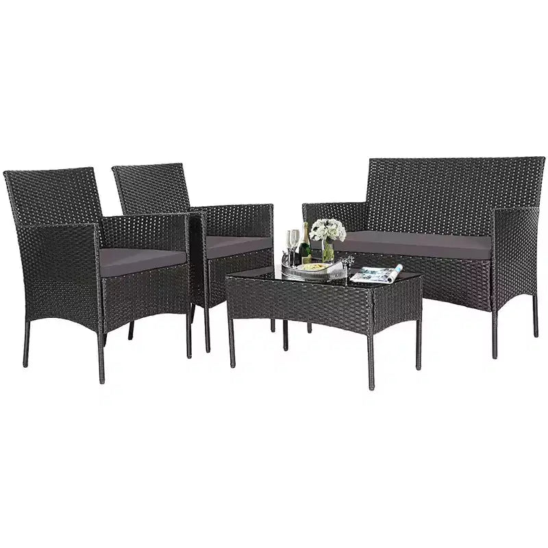 Costway 4PCS Patio Rattan Furniture Set Cushioned Sofa Coffee Table Backyard Turquoise/Red/White/Grey/Navy