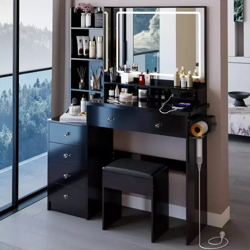 Okak 41IN Large Vanity Table with Cushioned Stool and Hair Dryer Stand, Makeup Vanity with Power Station and 3-Color Switch, Vanity Desk