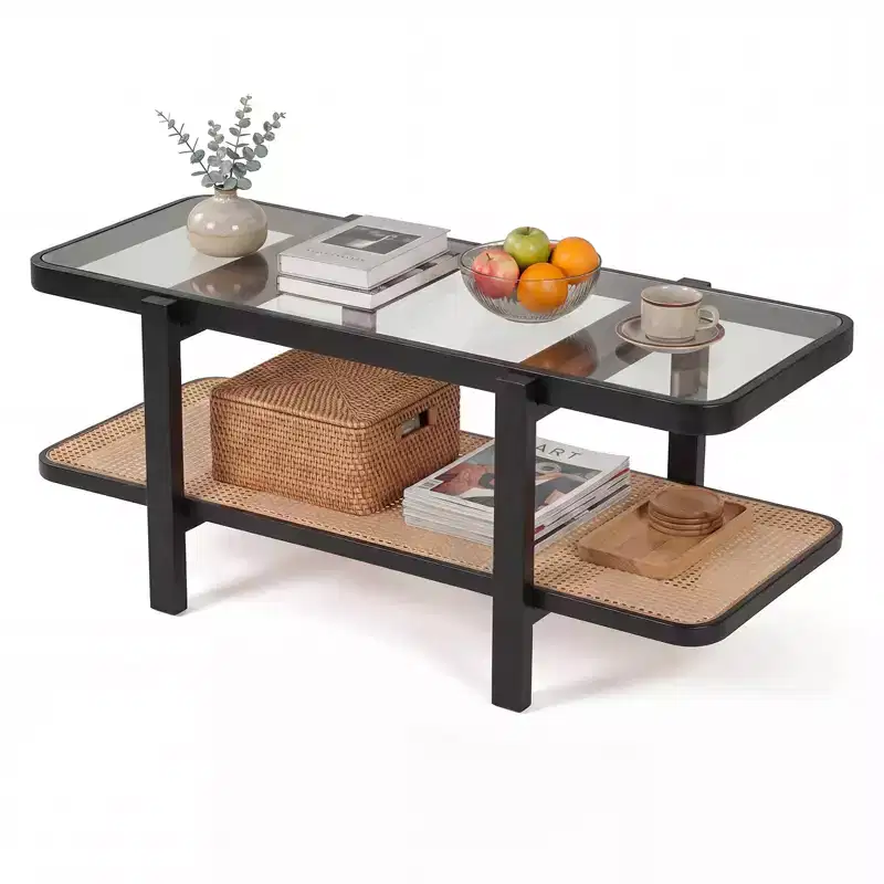 Costway 2-Tier Rustic Coffee Table with Storage Tempered Glass Tabletop PE Rattan Shelf Brown & Natural/Brown/Black