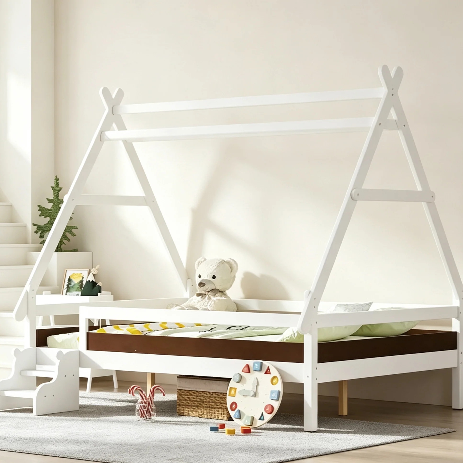Full Size House-Shaped Kids Platform Bed with Stairs - Solid Wood, White