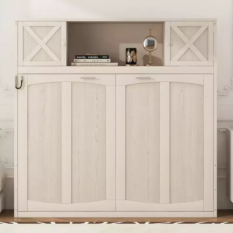 Full Murphy Bed Cabinet Bed, Full Size Murphy Bed with Storage Cabinets, Wood Full Wall Bed Chest Murphy Bed Frame, Beige