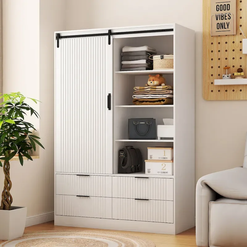 47.24  Modern Armoire with with Hanging Rod, Drawers and Open Shelves for Bedroom
