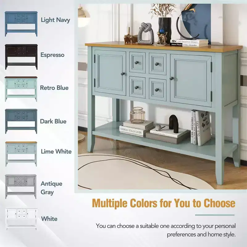 Farmhouse Console Table with 4 Drawers & 2 Cabinets, Lime White Sofa Table for Living Room Entryway Hallway Kitchen