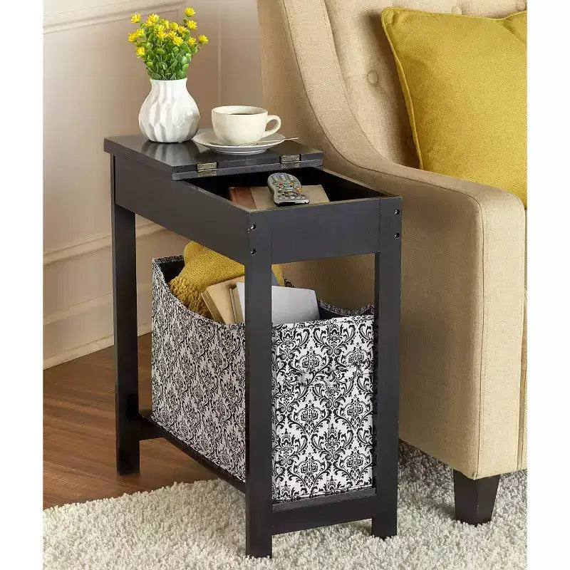 Side Table with Fashion Print Storage Bin - Wood with Fabric Basket