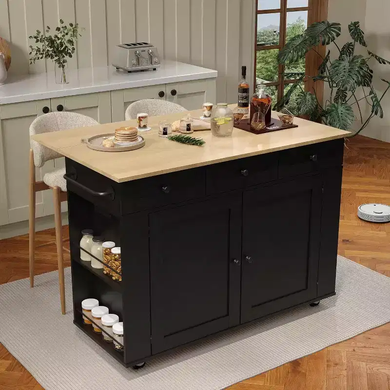 Rolling Kitchen Island with Drop Leaf Countertop and Storage