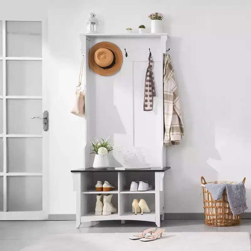 Hall Tree Entryway Bench with Coat Rack, Shoe Storage & 5 Hooks, 32" Wide