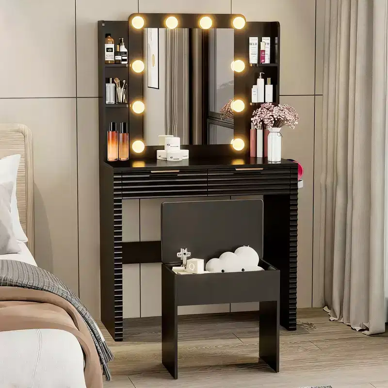Whisen 43.5 Fluted Makeup Vanity Desk, Dressing Table with Mirror, 5 Drawers, a Glass Door Cabinet, Hairdryer Holder and Stool