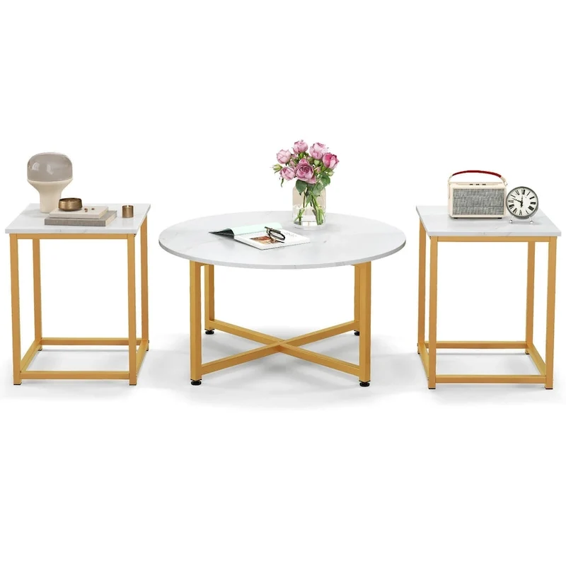 Costway 3 PCS Coffee Table Set Round Coffee Table and 2PCS Square End - See Details